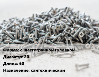 Шуруп с шестигранной головкой 20х60 сантехнический, упаковка 25 шт цена от 140.4 сом / кг, где купить, условия доставки в Оше и Ошской области